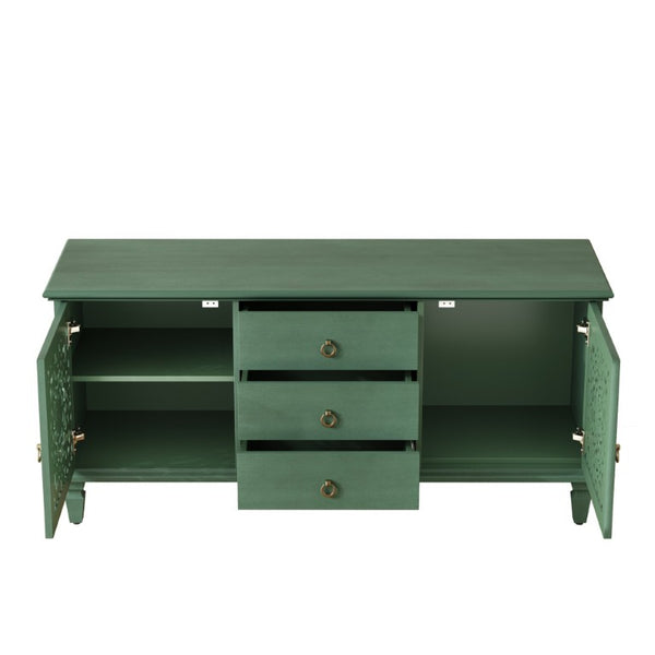 English Elm Farmhouse Solid Wood Console with Carved Doors Brass Pulls and Cabriole Legs Antique Green 55.51 L x 17.71 W x 25.59 H W1445P517321