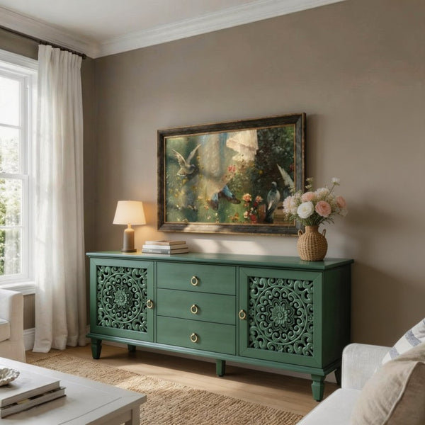 English Elm Farmhouse Solid Wood Console with Carved Doors Brass Pulls and Cabriole Legs Antique Green 55.51 L x 17.71 W x 25.59 H W1445P517321