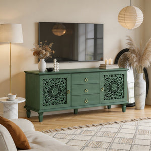 English Elm Farmhouse Solid Wood Console with Carved Doors Brass Pulls and Cabriole Legs Antique Green 55.51 L x 17.71 W x 25.59 H W1445P517321