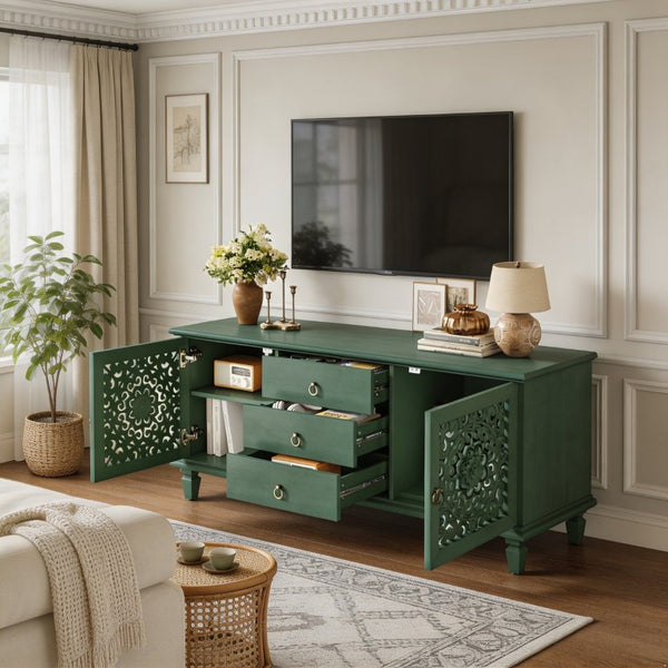 English Elm Farmhouse Solid Wood Console with Carved Doors Brass Pulls and Cabriole Legs Antique Green 55.51 L x 17.71 W x 25.59 H W1445P517321