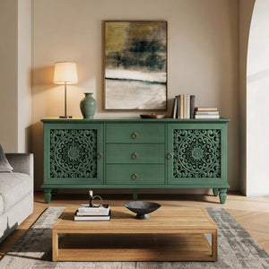 English Elm Farmhouse Solid Wood Console with Carved Doors Brass Pulls and Cabriole Legs Antique Green 55.51 L x 17.71 W x 25.59 H W1445P517321