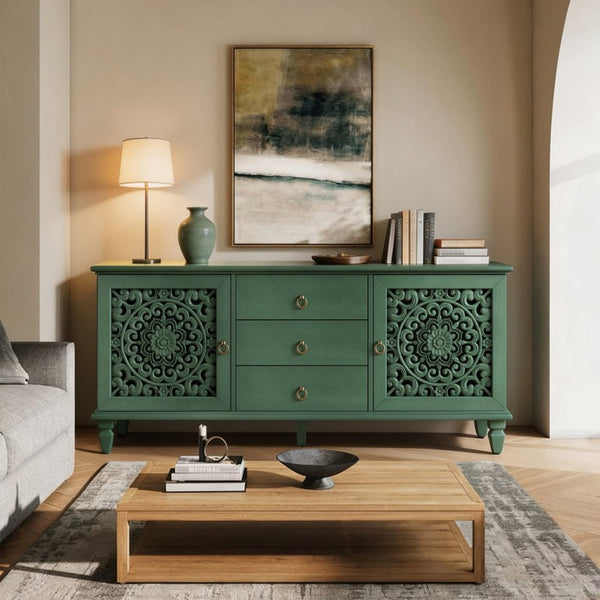 English Elm Farmhouse Solid Wood Console with Carved Doors Brass Pulls and Cabriole Legs Antique Green 55.51 L x 17.71 W x 25.59 H W1445P517321