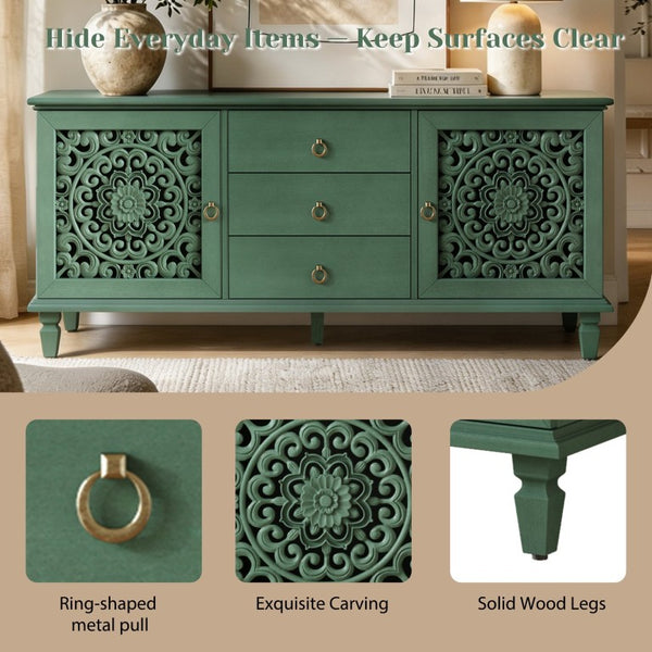 English Elm Farmhouse Solid Wood Console with Carved Doors Brass Pulls and Cabriole Legs Antique Green 55.51 L x 17.71 W x 25.59 H W1445P517321