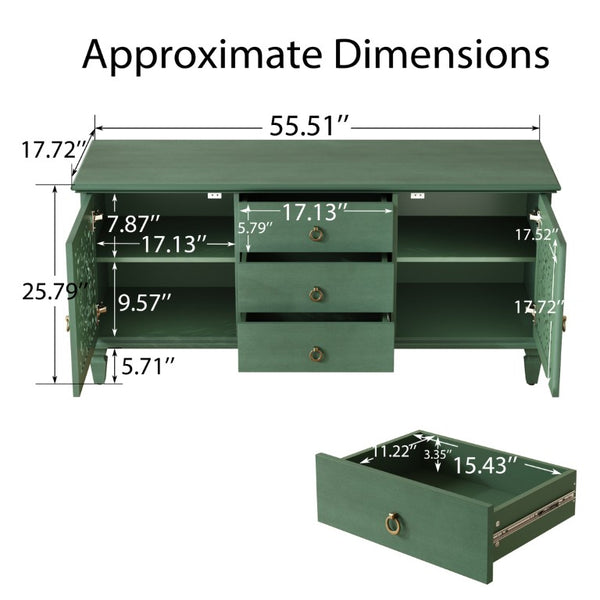 English Elm Farmhouse Solid Wood Console with Carved Doors Brass Pulls and Cabriole Legs Antique Green 55.51 L x 17.71 W x 25.59 H W1445P517321