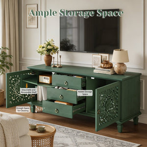 English Elm Farmhouse Solid Wood Console with Carved Doors Brass Pulls and Cabriole Legs Antique Green 55.51 L x 17.71 W x 25.59 H W1445P517321