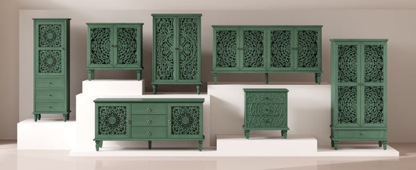 English Elm Farmhouse Solid Wood Console with Carved Doors Brass Pulls and Cabriole Legs Antique Green 55.51 L x 17.71 W x 25.59 H W1445P517321