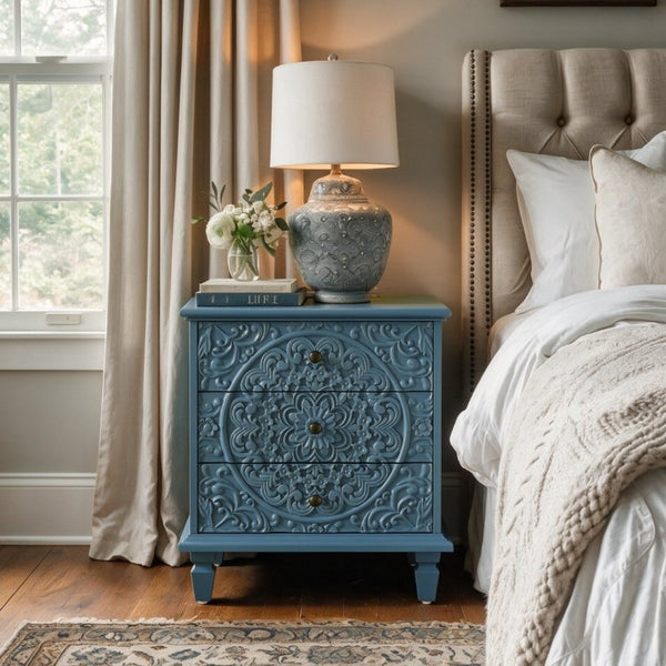 English Elm Carved Wood 3 Drawer Nightstand Embossed Floral Scrollwork Farmhouse Bedroom Accent Blue W1445P517322