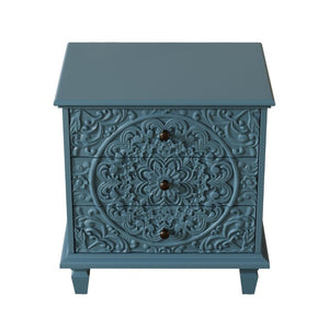 English Elm Carved Wood 3 Drawer Nightstand Embossed Floral Scrollwork Farmhouse Bedroom Accent Blue W1445P517322