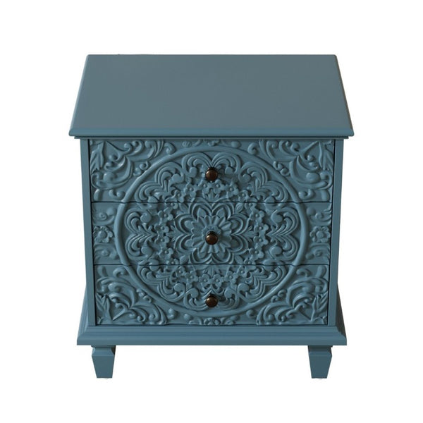 English Elm Carved Wood 3 Drawer Nightstand Embossed Floral Scrollwork Farmhouse Bedroom Accent Blue W1445P517322