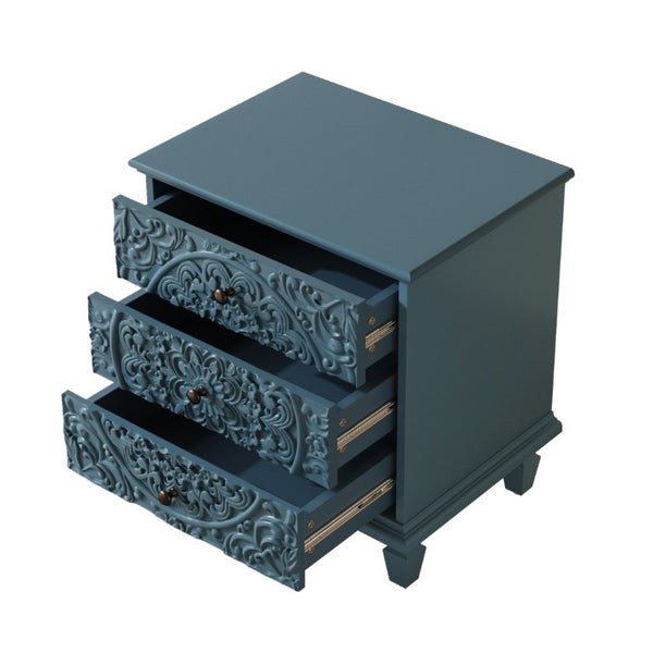 English Elm Carved Wood 3 Drawer Nightstand Embossed Floral Scrollwork Farmhouse Bedroom Accent Blue W1445P517322