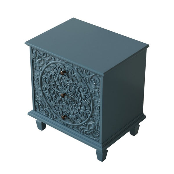 English Elm Carved Wood 3 Drawer Nightstand Embossed Floral Scrollwork Farmhouse Bedroom Accent Blue W1445P517322