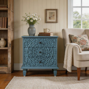 English Elm Carved Wood 3 Drawer Nightstand Embossed Floral Scrollwork Farmhouse Bedroom Accent Blue W1445P517322