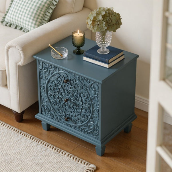 English Elm Carved Wood 3 Drawer Nightstand Embossed Floral Scrollwork Farmhouse Bedroom Accent Blue W1445P517322