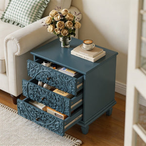 English Elm Carved Wood 3 Drawer Nightstand Embossed Floral Scrollwork Farmhouse Bedroom Accent Blue W1445P517322