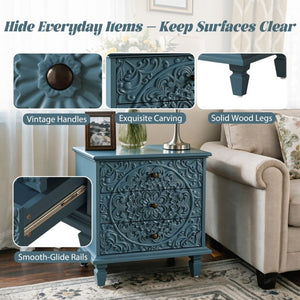English Elm Carved Wood 3 Drawer Nightstand Embossed Floral Scrollwork Farmhouse Bedroom Accent Blue W1445P517322