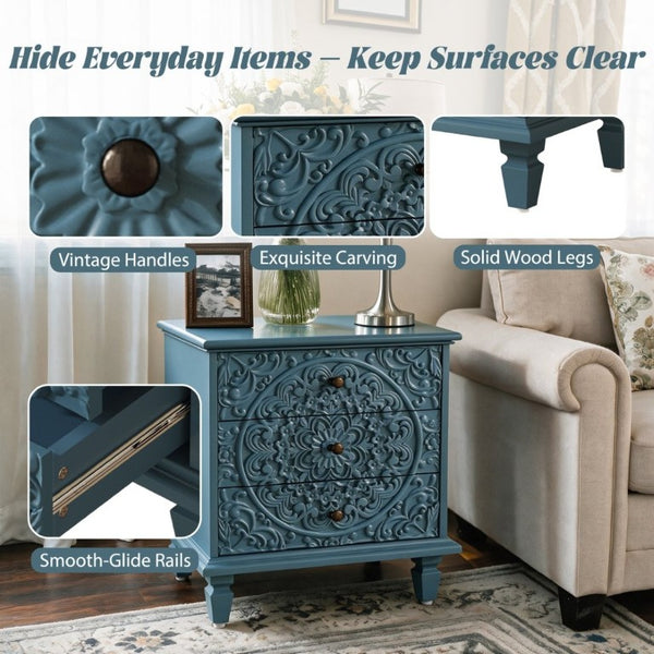 English Elm Carved Wood 3 Drawer Nightstand Embossed Floral Scrollwork Farmhouse Bedroom Accent Blue W1445P517322