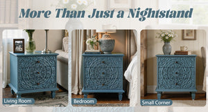 English Elm Carved Wood 3 Drawer Nightstand Embossed Floral Scrollwork Farmhouse Bedroom Accent Blue W1445P517322