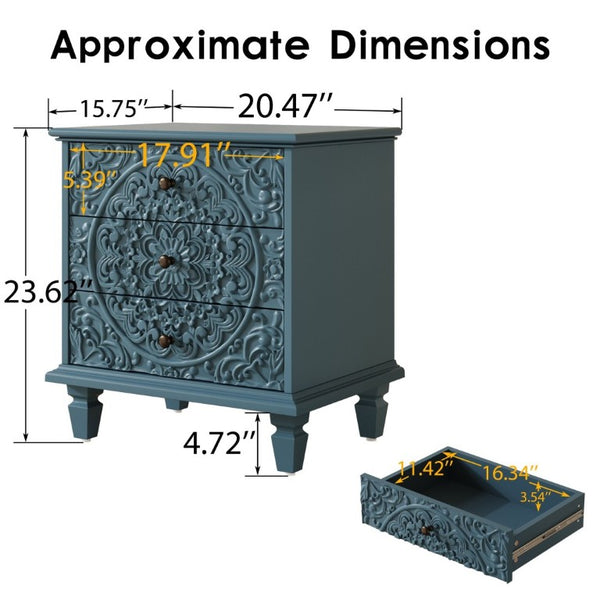 English Elm Carved Wood 3 Drawer Nightstand Embossed Floral Scrollwork Farmhouse Bedroom Accent Blue W1445P517322