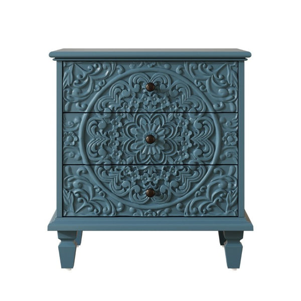 English Elm Carved Wood 3 Drawer Nightstand Embossed Floral Scrollwork Farmhouse Bedroom Accent Blue W1445P517322