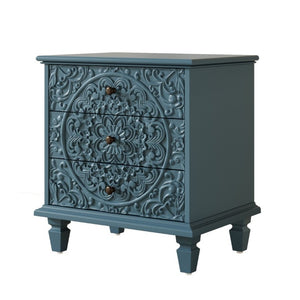 English Elm Carved Wood 3 Drawer Nightstand Embossed Floral Scrollwork Farmhouse Bedroom Accent Blue W1445P517322