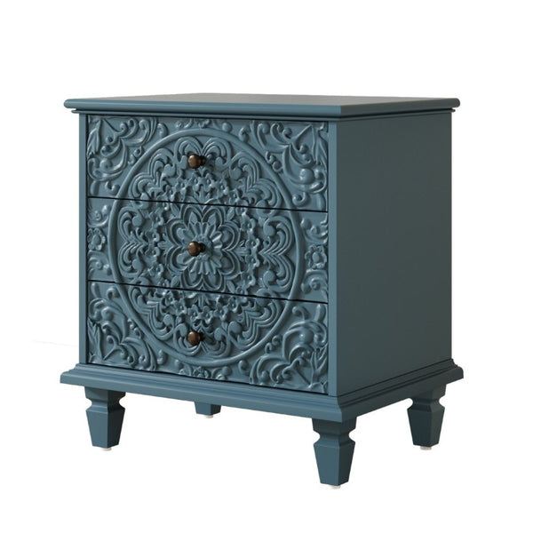 English Elm Carved Wood 3 Drawer Nightstand Embossed Floral Scrollwork Farmhouse Bedroom Accent Blue W1445P517322