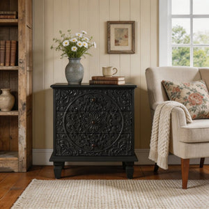 English Elm Carved Wood 3 Drawer Nightstand Embossed Floral Scrollwork Farmhouse Bedroom Accent Black W1445P517323