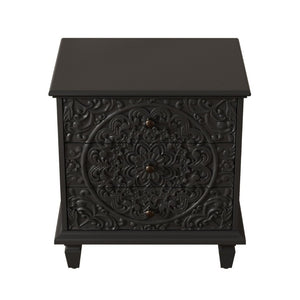 English Elm Carved Wood 3 Drawer Nightstand Embossed Floral Scrollwork Farmhouse Bedroom Accent Black W1445P517323