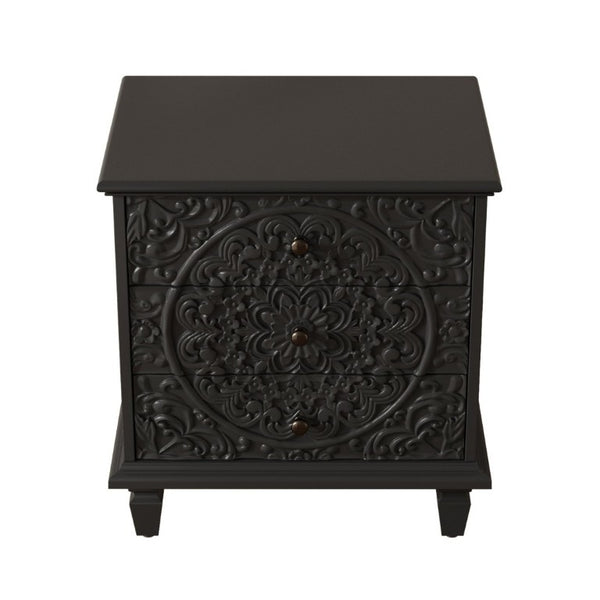 English Elm Carved Wood 3 Drawer Nightstand Embossed Floral Scrollwork Farmhouse Bedroom Accent Black W1445P517323