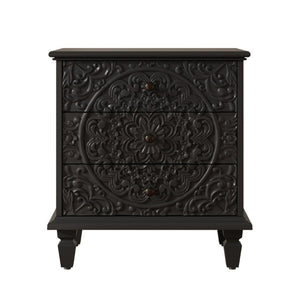 English Elm Carved Wood 3 Drawer Nightstand Embossed Floral Scrollwork Farmhouse Bedroom Accent Black W1445P517323