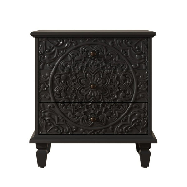 English Elm Carved Wood 3 Drawer Nightstand Embossed Floral Scrollwork Farmhouse Bedroom Accent Black W1445P517323