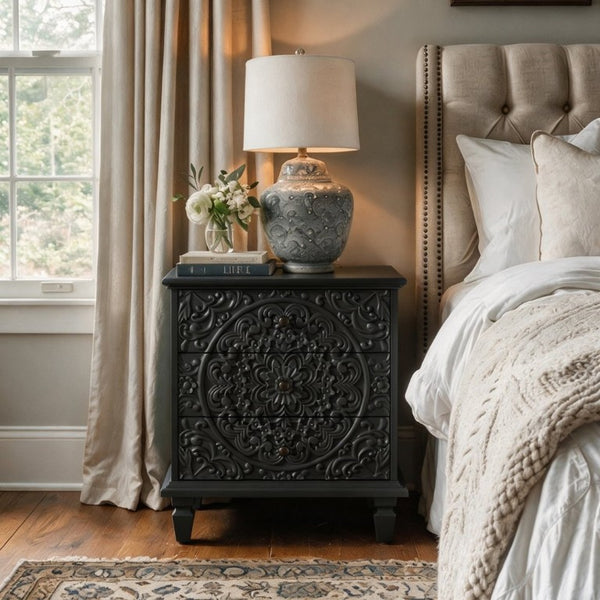 English Elm Carved Wood 3 Drawer Nightstand Embossed Floral Scrollwork Farmhouse Bedroom Accent Black W1445P517323