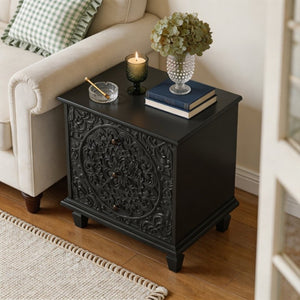 English Elm Carved Wood 3 Drawer Nightstand Embossed Floral Scrollwork Farmhouse Bedroom Accent Black W1445P517323