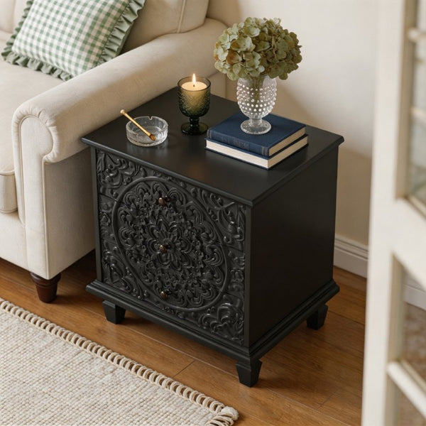 English Elm Carved Wood 3 Drawer Nightstand Embossed Floral Scrollwork Farmhouse Bedroom Accent Black W1445P517323