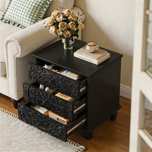 English Elm Carved Wood 3 Drawer Nightstand Embossed Floral Scrollwork Farmhouse Bedroom Accent Black W1445P517323