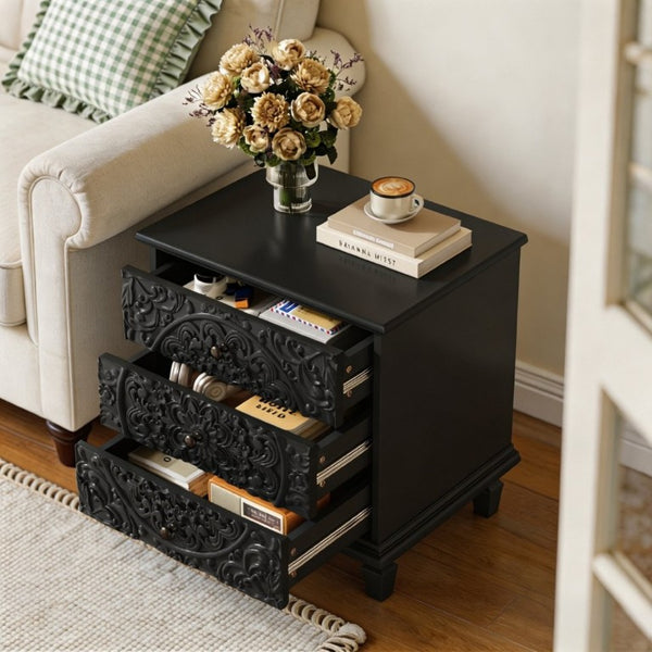 English Elm Carved Wood 3 Drawer Nightstand Embossed Floral Scrollwork Farmhouse Bedroom Accent Black W1445P517323
