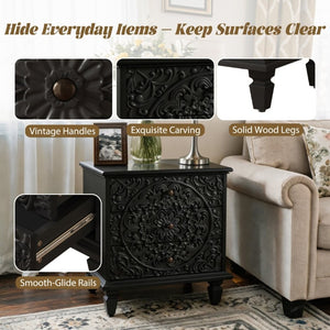 English Elm Carved Wood 3 Drawer Nightstand Embossed Floral Scrollwork Farmhouse Bedroom Accent Black W1445P517323