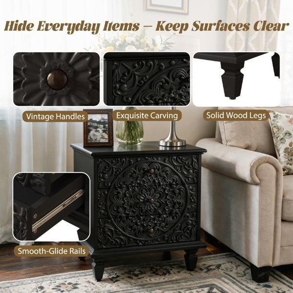 English Elm Carved Wood 3 Drawer Nightstand Embossed Floral Scrollwork Farmhouse Bedroom Accent Black W1445P517323