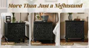 English Elm Carved Wood 3 Drawer Nightstand Embossed Floral Scrollwork Farmhouse Bedroom Accent Black W1445P517323