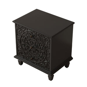 English Elm Carved Wood 3 Drawer Nightstand Embossed Floral Scrollwork Farmhouse Bedroom Accent Black W1445P517323