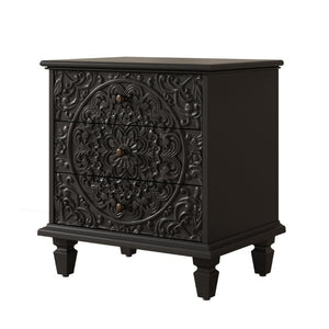 English Elm Carved Wood 3 Drawer Nightstand Embossed Floral Scrollwork Farmhouse Bedroom Accent Black W1445P517323