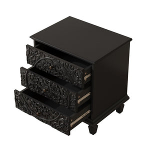 English Elm Carved Wood 3 Drawer Nightstand Embossed Floral Scrollwork Farmhouse Bedroom Accent Black W1445P517323
