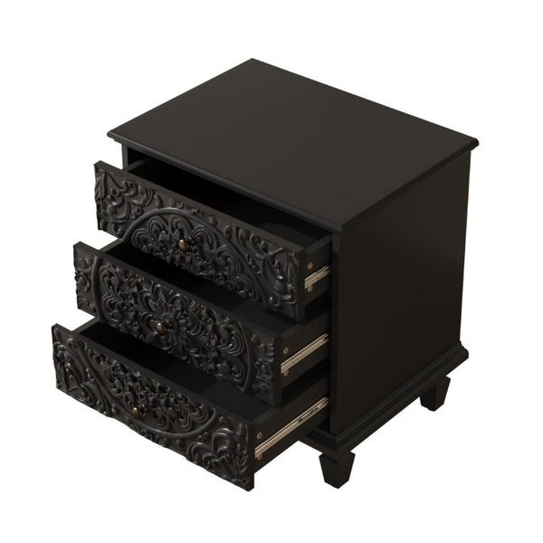 English Elm Carved Wood 3 Drawer Nightstand Embossed Floral Scrollwork Farmhouse Bedroom Accent Black W1445P517323