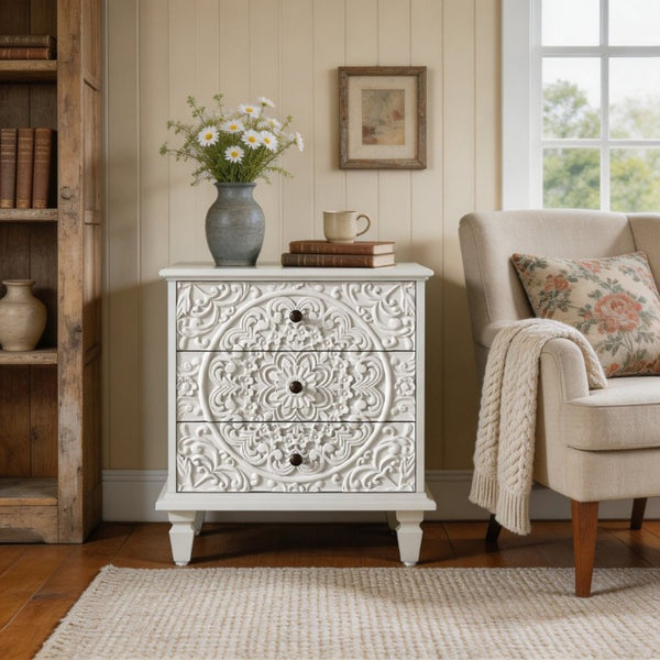 English Elm Carved Wood 3 Drawer Nightstand Embossed Floral Scrollwork Farmhouse Bedroom Accent White W1445P517324