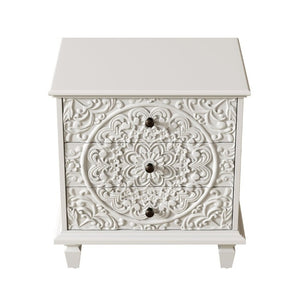 English Elm Carved Wood 3 Drawer Nightstand Embossed Floral Scrollwork Farmhouse Bedroom Accent White W1445P517324