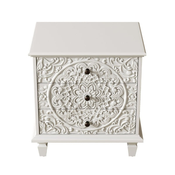 English Elm Carved Wood 3 Drawer Nightstand Embossed Floral Scrollwork Farmhouse Bedroom Accent White W1445P517324
