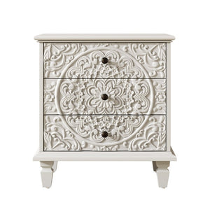 English Elm Carved Wood 3 Drawer Nightstand Embossed Floral Scrollwork Farmhouse Bedroom Accent White W1445P517324