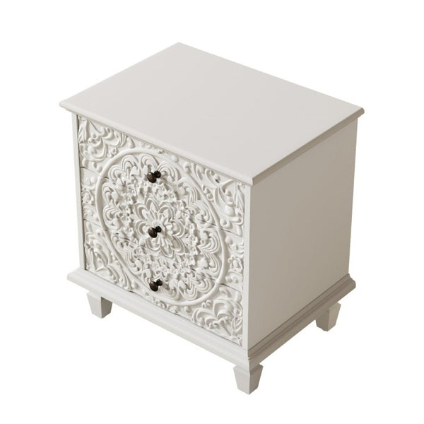English Elm Carved Wood 3 Drawer Nightstand Embossed Floral Scrollwork Farmhouse Bedroom Accent White W1445P517324