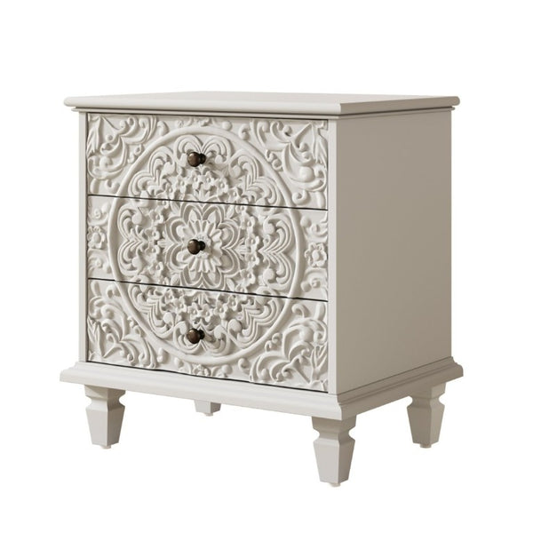 English Elm Carved Wood 3 Drawer Nightstand Embossed Floral Scrollwork Farmhouse Bedroom Accent White W1445P517324