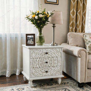 English Elm Carved Wood 3 Drawer Nightstand Embossed Floral Scrollwork Farmhouse Bedroom Accent White W1445P517324