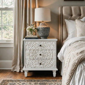 English Elm Carved Wood 3 Drawer Nightstand Embossed Floral Scrollwork Farmhouse Bedroom Accent White W1445P517324
